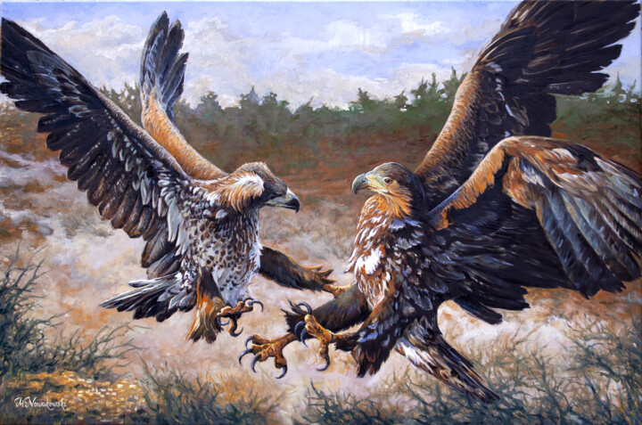 Painting titled "Young eagles" by Michael Nowakowski, Original Artwork, Oil Mounted on Wood Stretcher frame