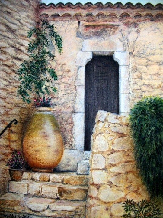 Desenho intitulada "Eze Village - Alpes…" por Michel Guillet, Obras de arte originais, Pastel