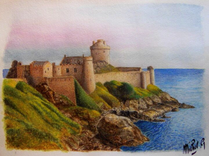 Rysunek zatytułowany „Aurore sur le Fort…” autorstwa Michel Guillet, Oryginalna praca, Pastel