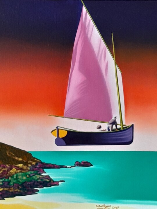 Pittura intitolato "la barque ailée" da Michel Pezeril, Opera d'arte originale, Olio Montato su Telaio per barella in legno