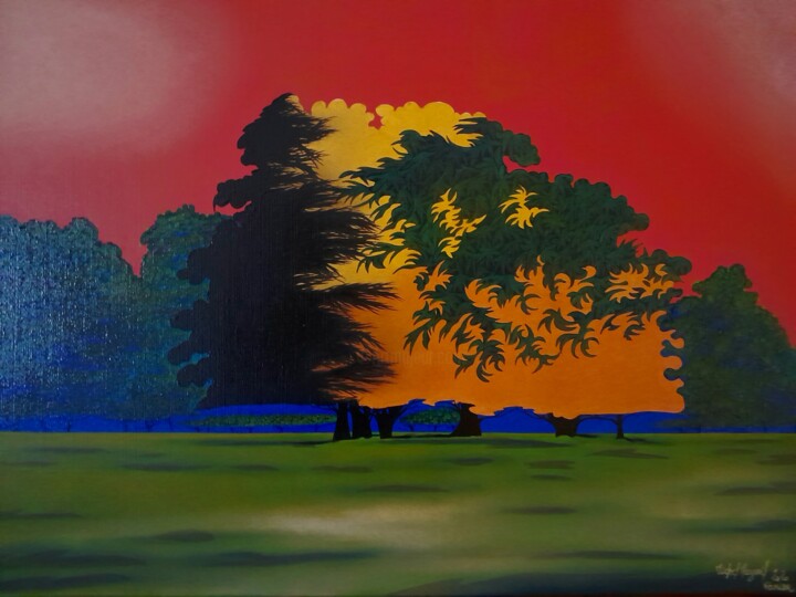 Peinture intitulée "forêt rouge" par Michel Pezeril, Œuvre d'art originale, Huile
