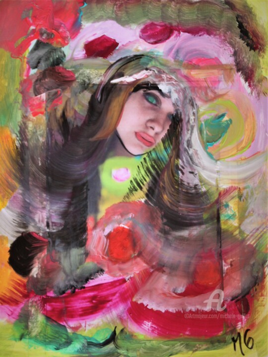 Pintura titulada "DIANA DANS LES FLEU…" por Michele Guillot, Obra de arte original, Acrílico Montado en Otro panel rígido