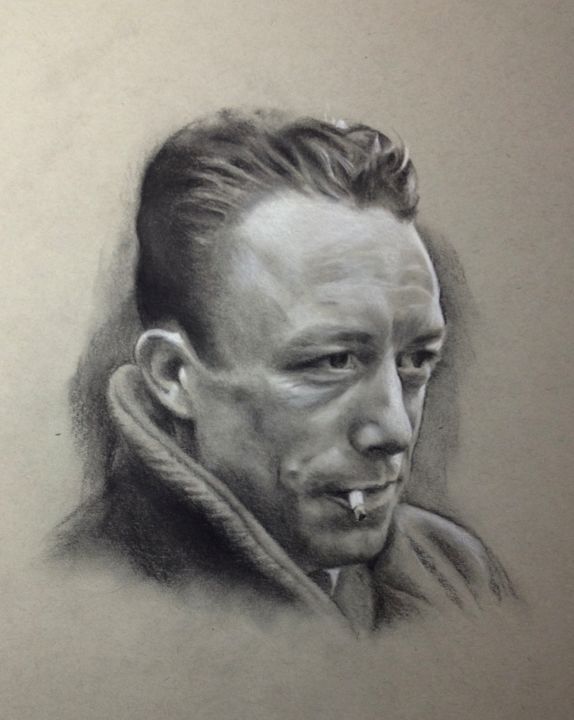 Drawing titled "Albert Camus" by Michèle Rais, Original Artwork, Charcoal