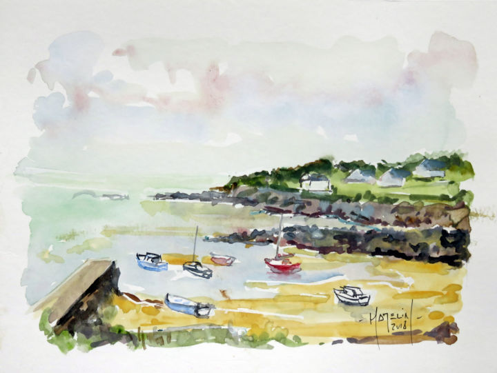 Peinture intitulée "Le petit port de Ke…" par Michel Hamelin, Œuvre d'art originale, Aquarelle