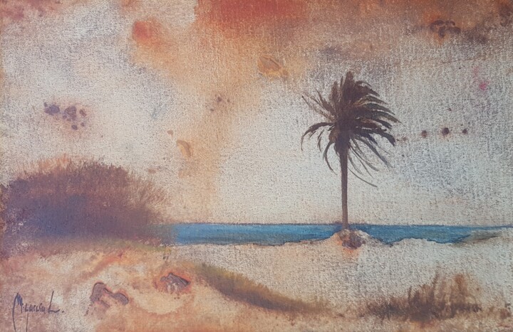 Painting titled "Paisaje y palmera" by Miguel Angel García López, Original Artwork, Oil Mounted on Wood Panel