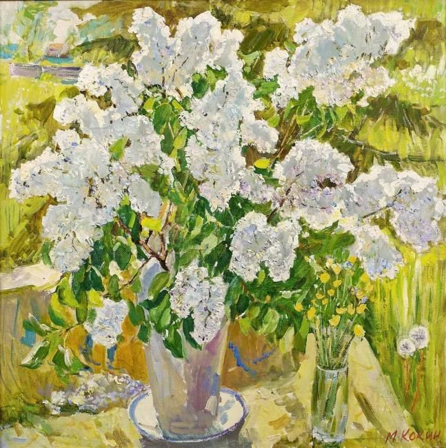 Schilderij getiteld "White Lilac" door Mihail Kokin, Origineel Kunstwerk, Olie