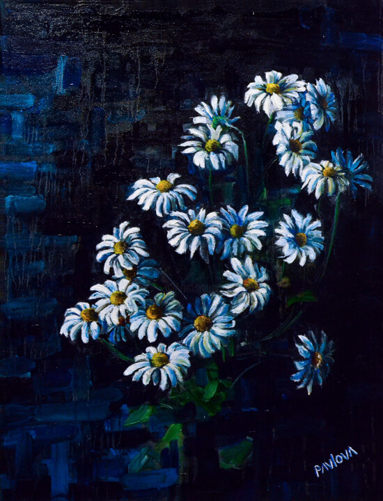 제목이 "White daisies"인 미술작품 Mila Pavlova로, 원작, 기름 나무 들것 프레임에 장착됨