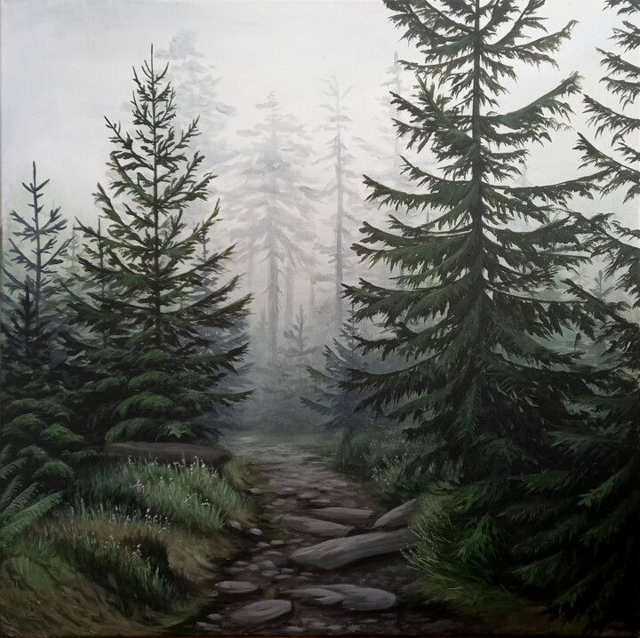 绘画 标题为“Road in the misty f…” 由Yulia Zhdanovich (MiliArt), 原创艺术品, 丙烯 安装在木质担架架上