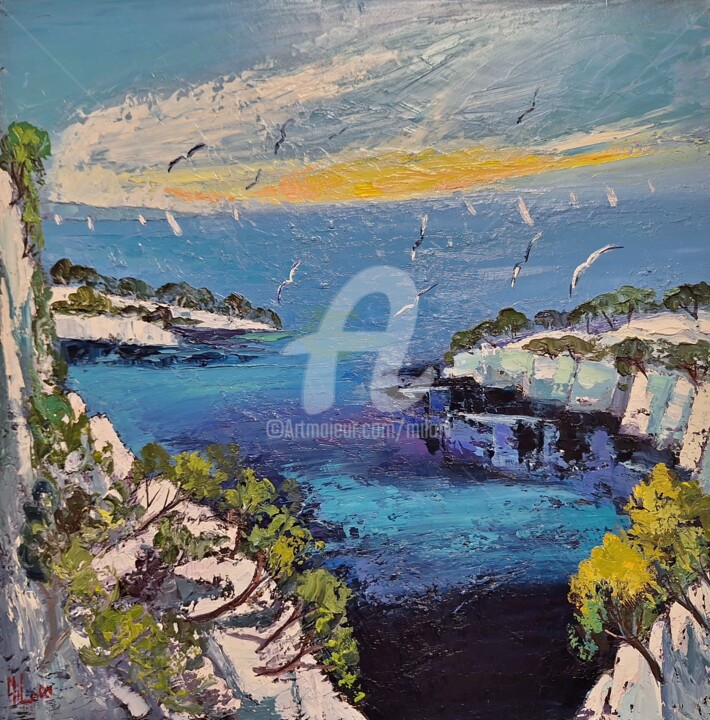 Peinture intitulée "Calanque bleus, voi…" par Milorv, Œuvre d'art originale, Huile Monté sur Châssis en bois