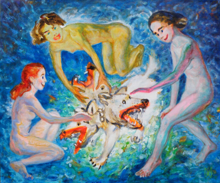 Malerei mit dem Titel "Cerberus deal" von Mimi Hi, Original-Kunstwerk, Öl