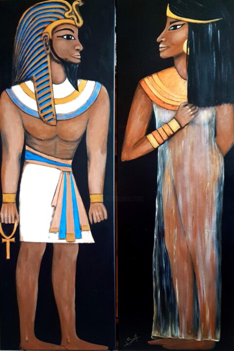 Pintura titulada "Mes Statues Egyptie…" por Mina Saouti, Obra de arte original, Acrílico