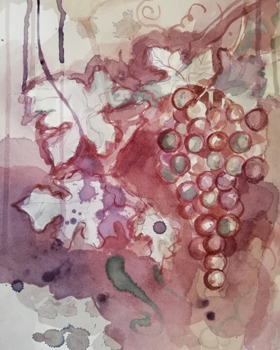 Painting titled "Grapes From Wine" by Mira Kovacevic (Wine Artist), Original Artwork, Watercolor