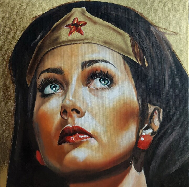 Painting titled "Wonder Woman" by Simona Zecca, Original Artwork, Oil Mounted on Wood Stretcher frame