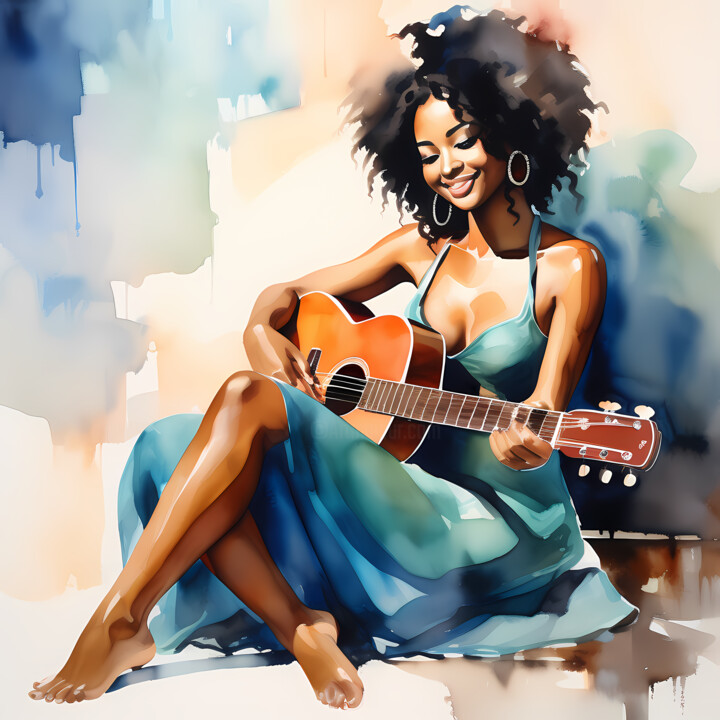 Digital Arts titled "Girl with guitar, W…" by Jafeth Moiane, Original Artwork, Digital Painting
