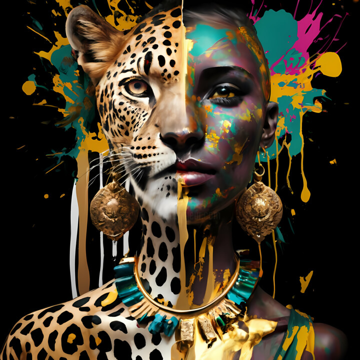 Artes digitais intitulada "Queen and leopard:…" por Jafeth Moiane, Obras de arte originais, Pintura digital