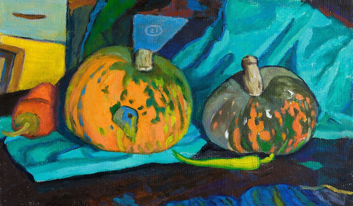Malarstwo zatytułowany „Pumpkins and pepper” autorstwa Moesey Li, Oryginalna praca, Olej