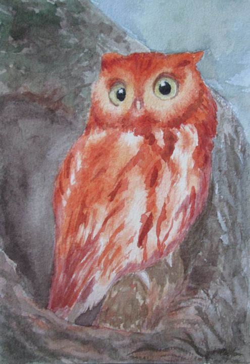 Painting titled "Owl at Sunset" by Tatiana Kassia Senina, Original Artwork, Watercolor