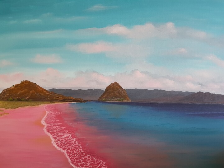 Painting titled "Pink beach in Indon…" by Monika Mucha, Original Artwork, Acrylic