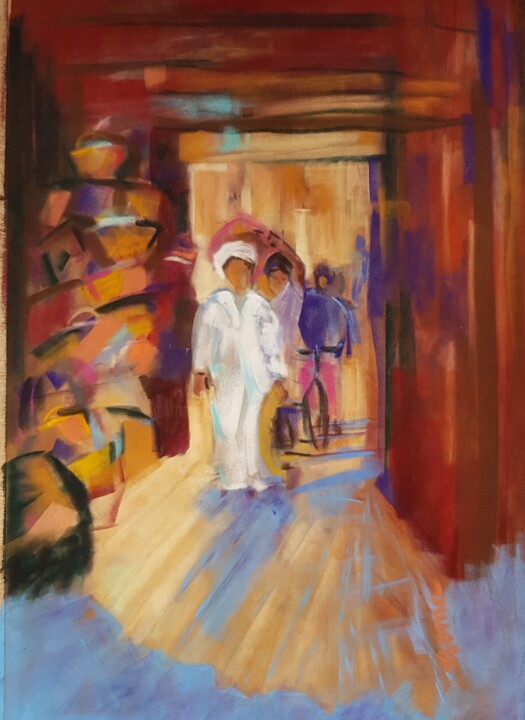 Painting titled "Souk de Fèz" by Monique Marie François (Moma), Original Artwork, Pastel