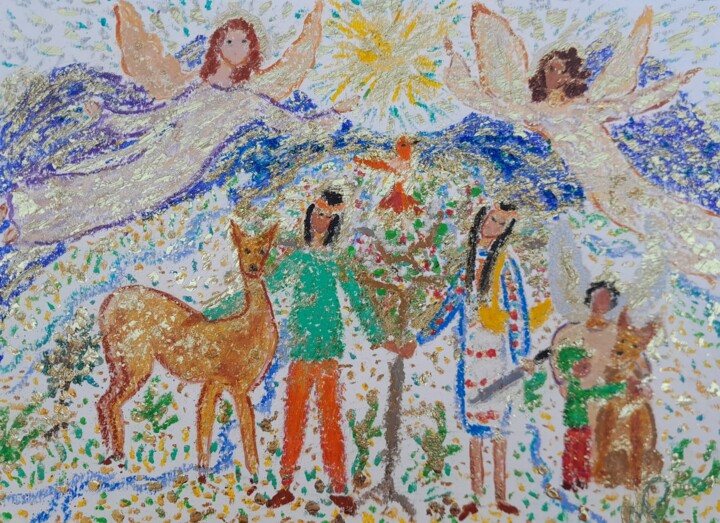 Painting titled "Des anges sur tous…" by Monique Pouchet, Original Artwork, Pastel Mounted on Cardboard