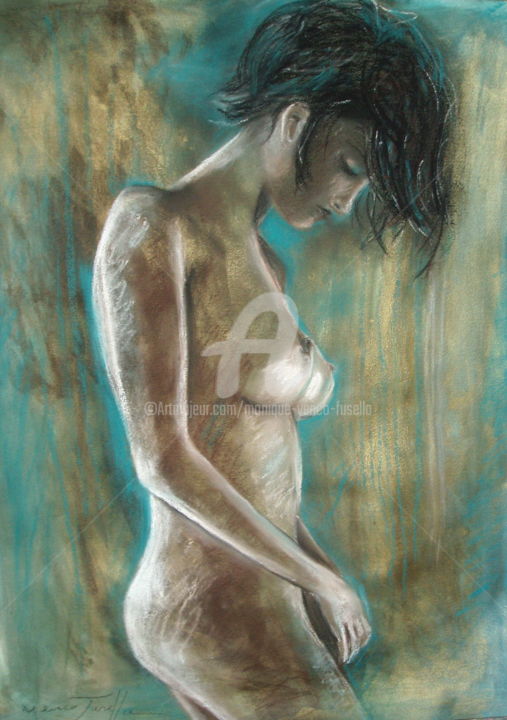 Dessin intitulée "nu bleu" par Monique Yenco Fusella, Œuvre d'art originale, Pastel