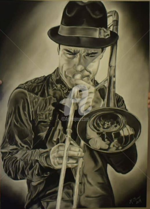 Desenho intitulada "le tromboniste" por M. Olivier, Obras de arte originais, Pastel