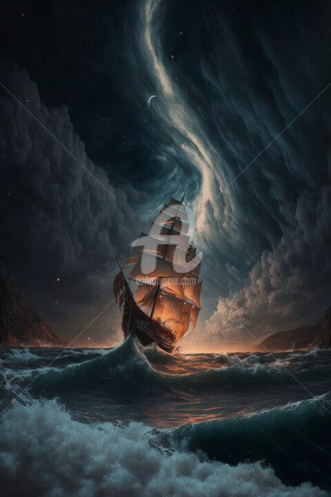 Arte digital titulada "Sailing Ship Fighti…" por Mounir Khalfouf, Obra de arte original, Imagen generada por IA