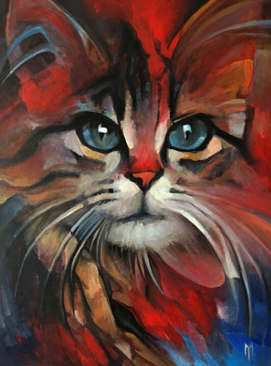 Painting titled "Christmas cat" by Yura Matiyashchuk, Original Artwork, Oil