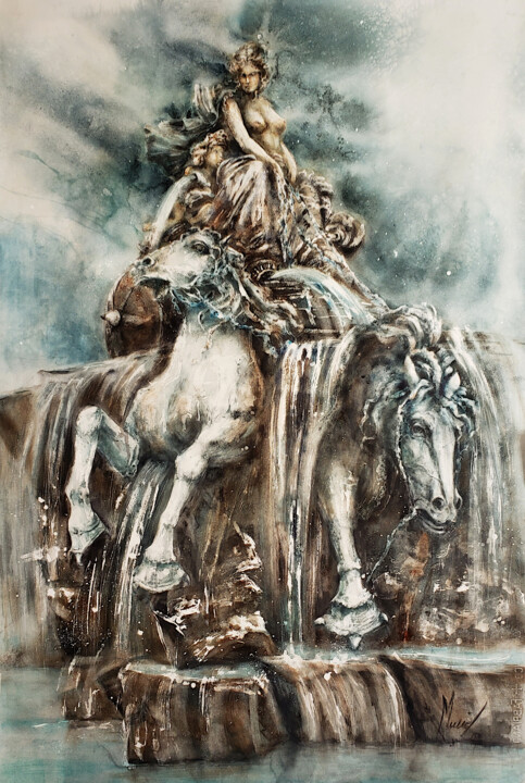 Painting titled "La fontaine Barthol…" by Muriel Mougeolle, Original Artwork, Watercolor