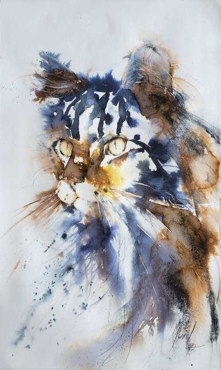 Peinture intitulée "Chat sauvage" par Muriel Mougeolle, Œuvre d'art originale, Aquarelle
