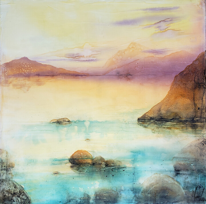 Painting titled "Crépuscule sur l'oc…" by Muriel Mougeolle, Original Artwork, Watercolor Mounted on Wood Stretcher frame