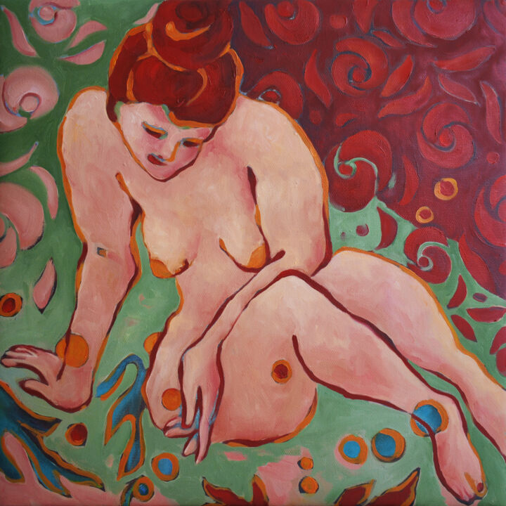 Painting titled "WOMAN PLANTING FLOW…" by Marina Venediktova, Original Artwork, Oil Mounted on Wood Stretcher frame