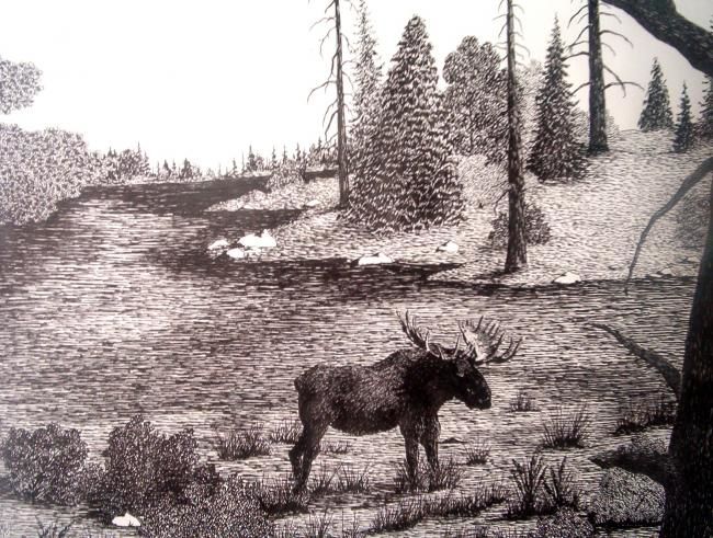 Disegno intitolato "Moose In The Marsh" da Mykel, Opera d'arte originale