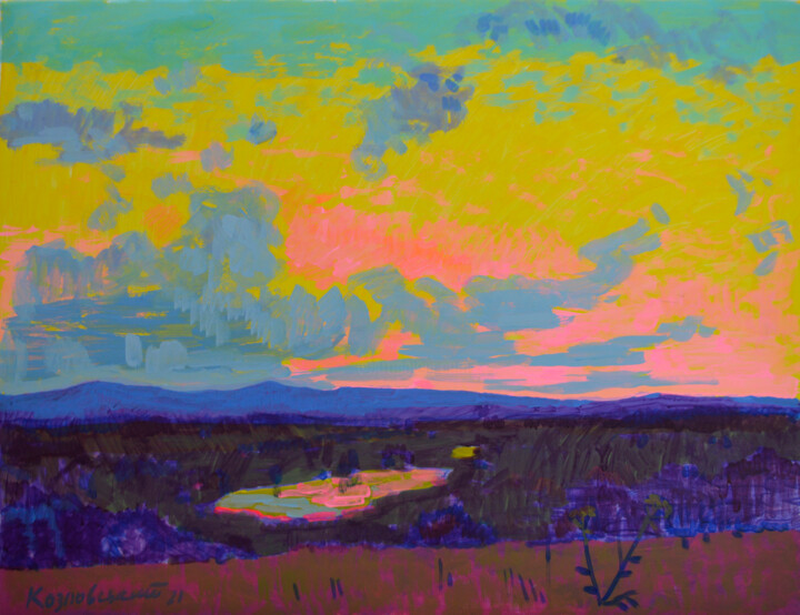 Painting titled "Landscape with a la…" by Mykola Kozlovskyi, Original Artwork, Acrylic
