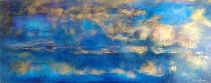 Peinture intitulée "Landscape bleu et or" par Myriam Carbonnier (Myri- âme C), Œuvre d'art originale, Pigments
