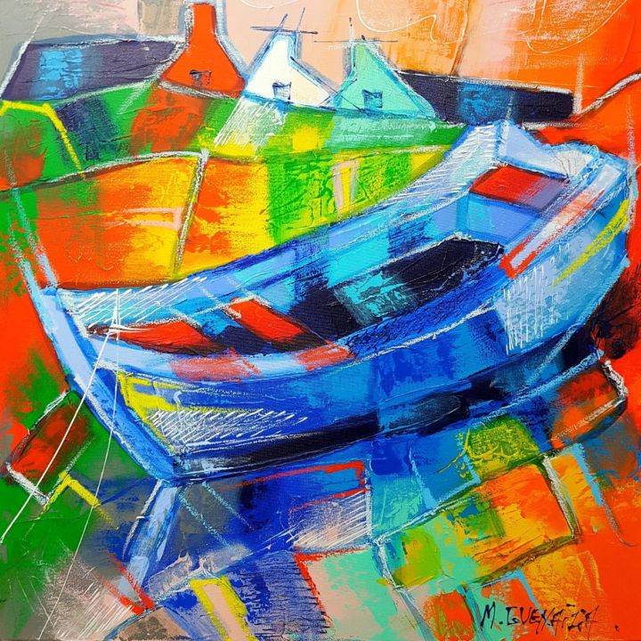 Painting titled "LA BARQUE BLEUE" by Myriam Guenaizia, Original Artwork, Oil