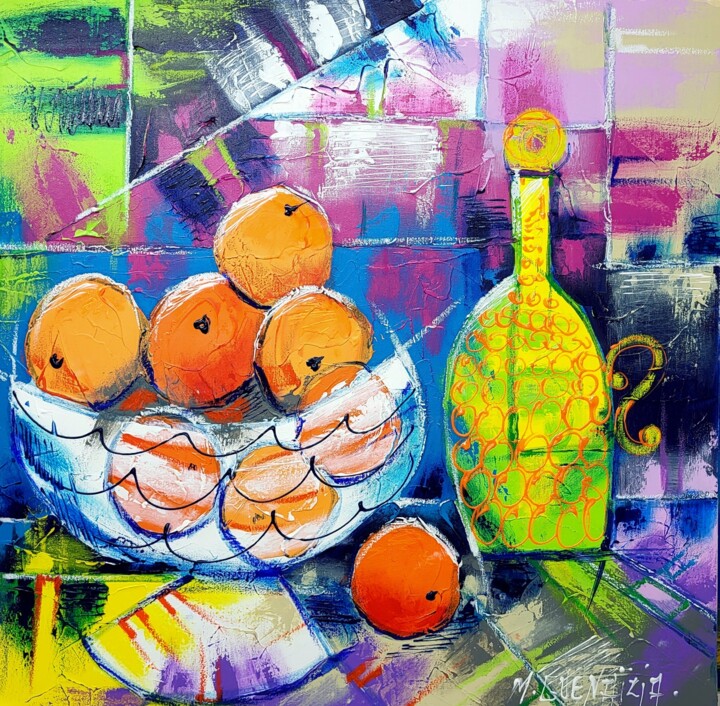 Painting titled "LES ORANGES ET LA C…" by Myriam Guenaizia, Original Artwork, Oil Mounted on Wood Stretcher frame