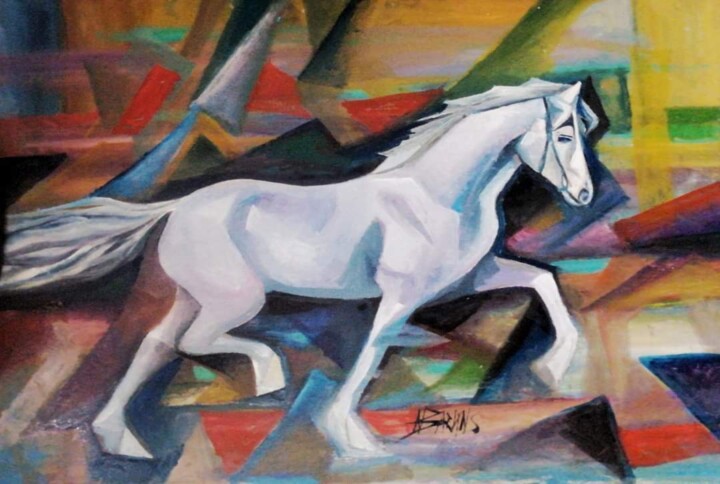 Ζωγραφική με τίτλο "White horse in cubi…" από Nadezda Baruns, Αυθεντικά έργα τέχνης, Λάδι