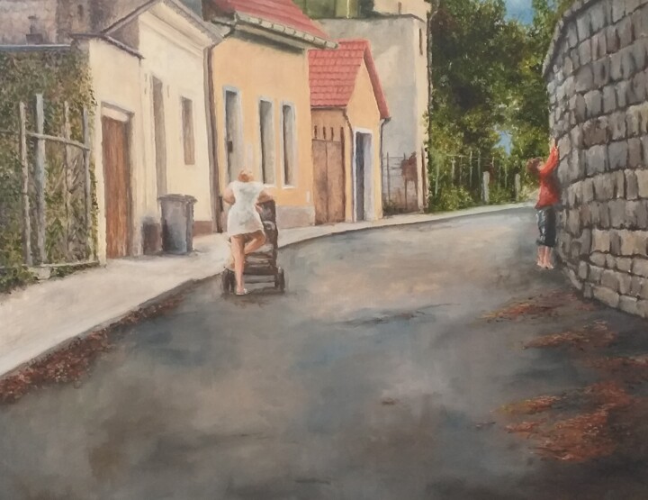 Painting titled "Bílina alley, oil p…" by Nadezhda Gellmundova, Original Artwork, Oil