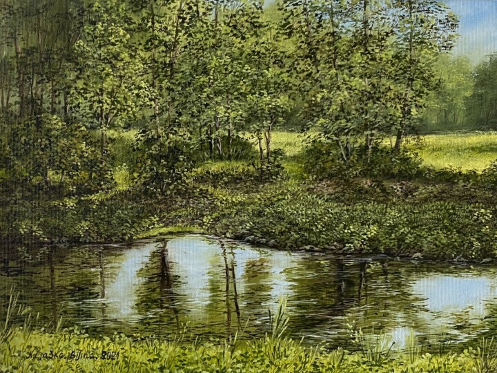 Schilderij getiteld "Bílina river, oil p…" door Nadezhda Gellmundova, Origineel Kunstwerk, Olie Gemonteerd op Andere stijve…