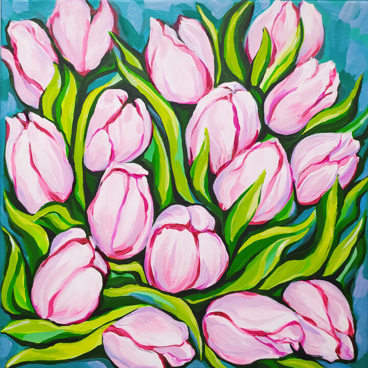 Pintura intitulada "Tulips flowers pain…" por Nadezhda Kokorina, Obras de arte originais, Acrílico