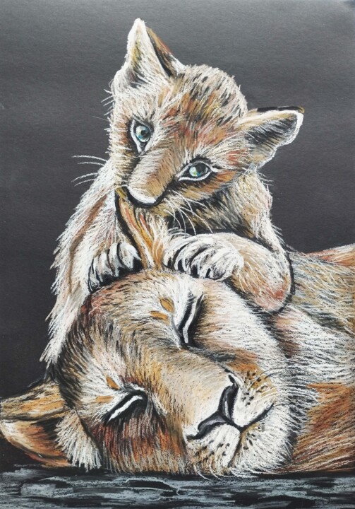 Disegno intitolato "Playful lion cub Li…" da Nadezhda Kokorina, Opera d'arte originale, Pastello