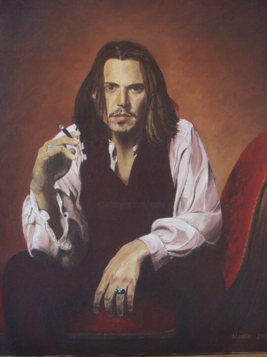 Malerei mit dem Titel "Johnny Depp" von Nadia Jobin, Original-Kunstwerk, Öl Auf Keilrahmen aus Holz montiert