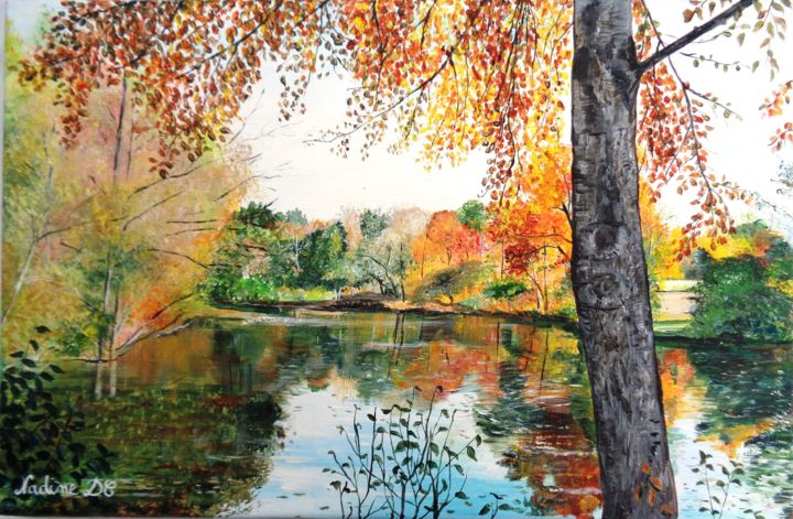 Pintura titulada "L'étang en automne" por Nadine Coffinier, Obra de arte original, Acrílico