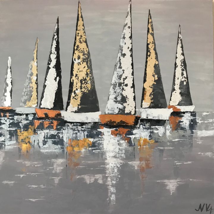 Painting titled "Boats" by Nadia Voro, Original Artwork, Acrylic Mounted on Wood Stretcher frame