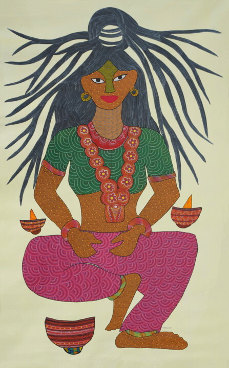 Pintura titulada "Gond Painting  (DEV…" por Nankusiya Shyam, Obra de arte original, Acrílico