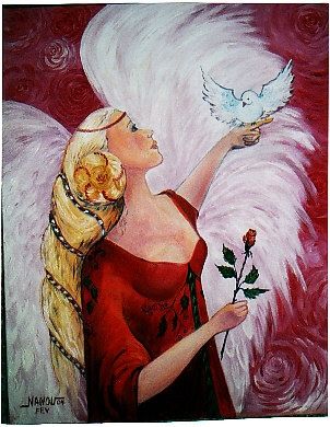 Schilderij getiteld "l'ange de la paix" door Nanou, Origineel Kunstwerk, Olie
