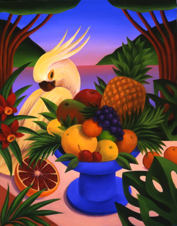 "Cockatoo with Fruits" başlıklı Tablo Naoko Paluszak tarafından, Orijinal sanat, Petrol Ahşap Sedye çerçevesi üzerine monte…