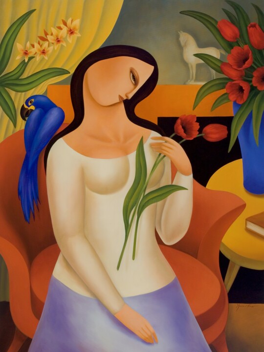 Peinture intitulée "Woman with Blue Par…" par Naoko Paluszak, Œuvre d'art originale, Huile Monté sur Châssis en bois