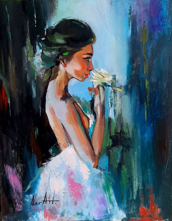 Pittura intitolato "Lady with a flower…" da Narek Jaghacpanyan, Opera d'arte originale, Olio Montato su Telaio per barella i…